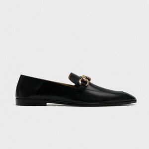 Massimo Dutti Black Leather Chain Loafers | Gold Hardware | EU 38 / US 7.5